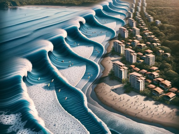 DALL·E 2024-02-16 15.59.25 - From a bird's-eye perspective, capture Pavones' stunning coastline, where the ocean waves seamlessly blend into a series of illustrative curves and li