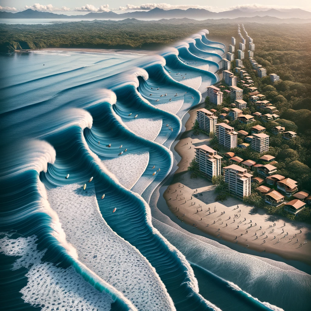 DALL·E 2024-02-16 15.59.25 - From a bird's-eye perspective, capture Pavones' stunning coastline, where the ocean waves seamlessly blend into a series of illustrative curves and li