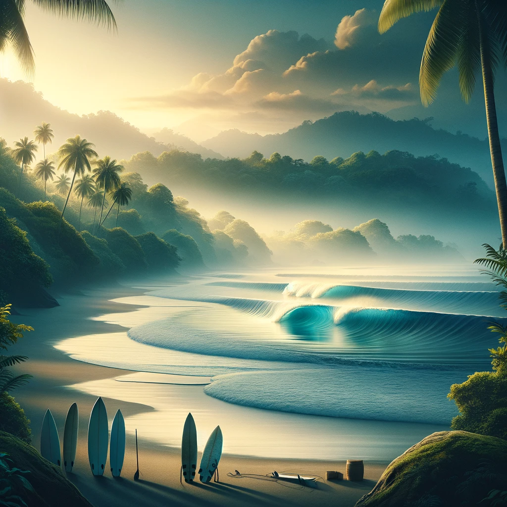 DALL·E 2024-02-17 09.49.36 - Design a serene and captivating cover image for a guide titled 'Discovering Pavones_ Costa Rica's Hidden Surf Paradise'. The image should emphasize th