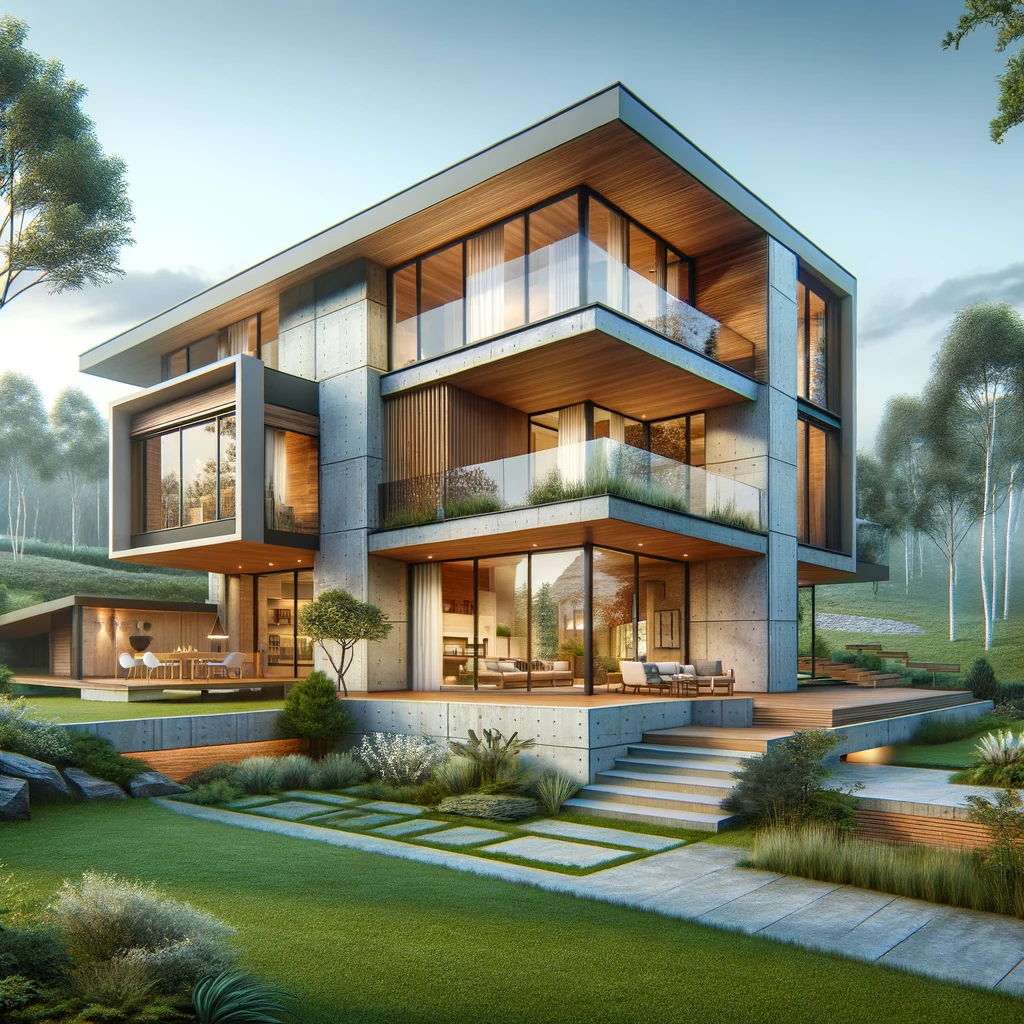 DALL·E 2024-03-24 16.03.23 - Create an image of a beautiful and modern house, showcasing contemporary architecture with clean lines, large windows, and an open layout. The house s