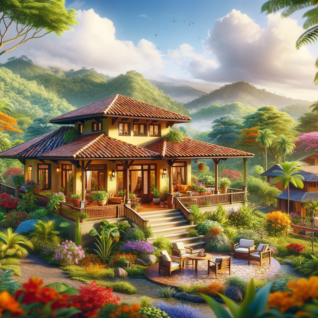 DALL·E 2024-03-24 16.06.14 - Visualize a traditional Costa Rican home nestled in the lush, vibrant landscape of Costa Rica. The home should incorporate elements of Costa Rican arc