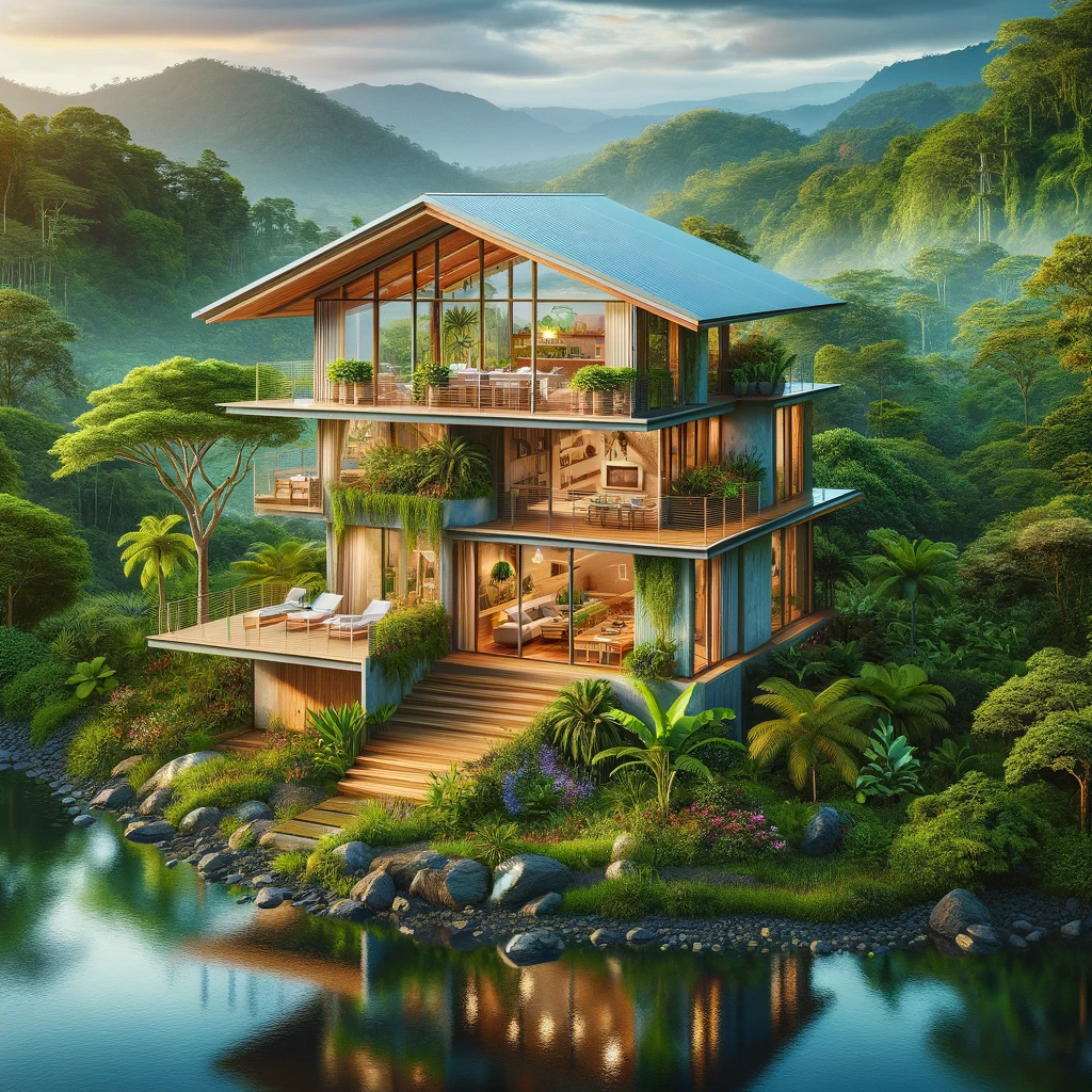 DALL·E 2024-03-24 16.11.34 - Create an image of a house nestled in the lush, vibrant nature of Costa Rica, blending harmoniously with the surrounding landscape. The house should r