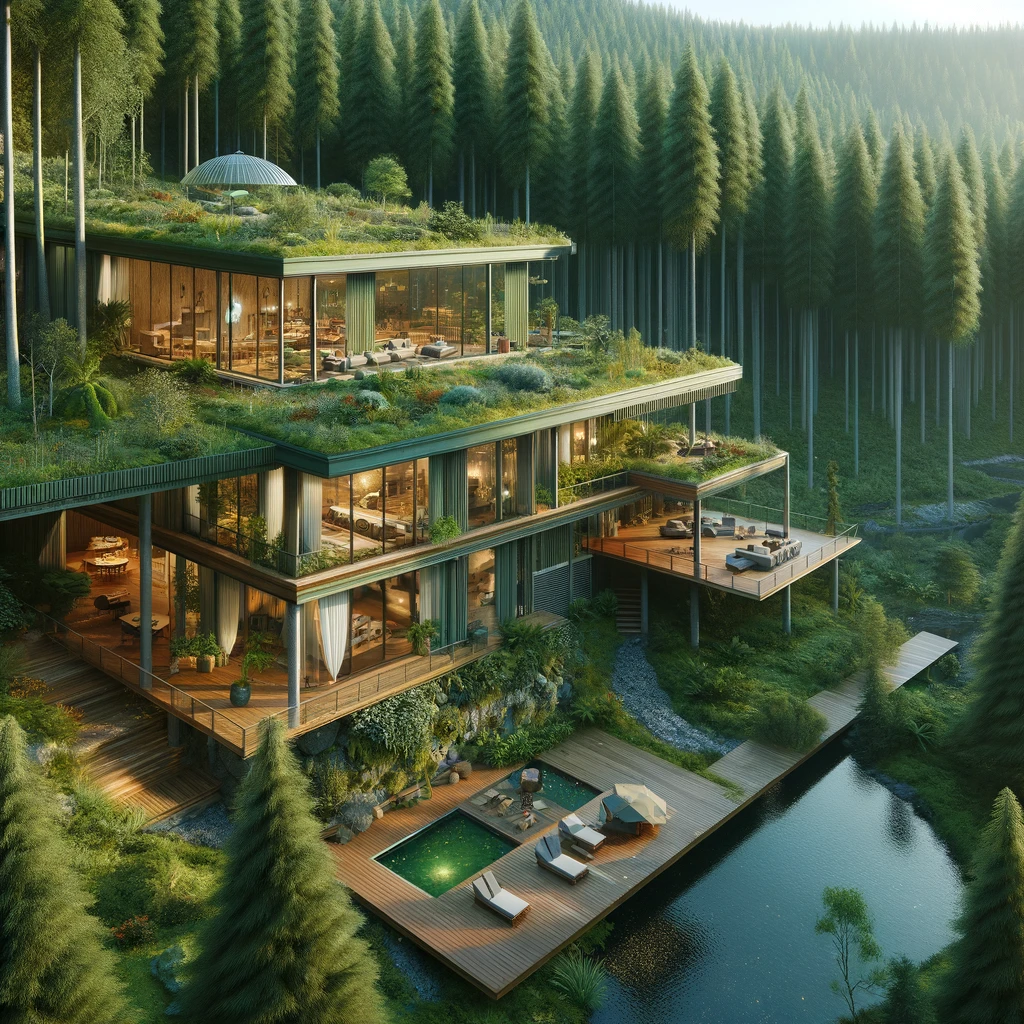 DALL·E 2024-03-25 13.36.58 - Visualize a stunning nature home seamlessly integrated into a forest environment. This eco-friendly house is designed with sustainable materials, feat