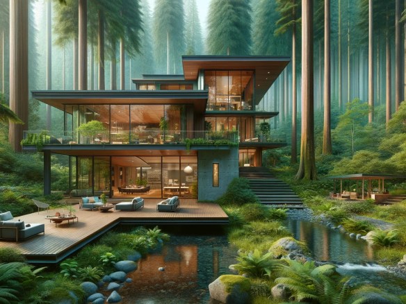 DALL·E 2024-03-25 13.44.39 - Envision a modern forest home designed with floor-to-ceiling glass walls, allowing for a panoramic view of the surrounding dense, old-growth forest. T
