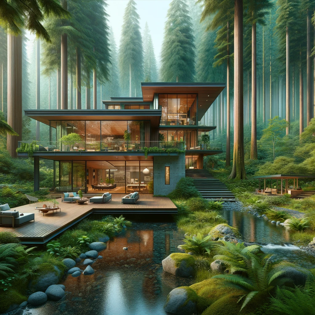 DALL·E 2024-03-25 13.44.39 - Envision a modern forest home designed with floor-to-ceiling glass walls, allowing for a panoramic view of the surrounding dense, old-growth forest. T