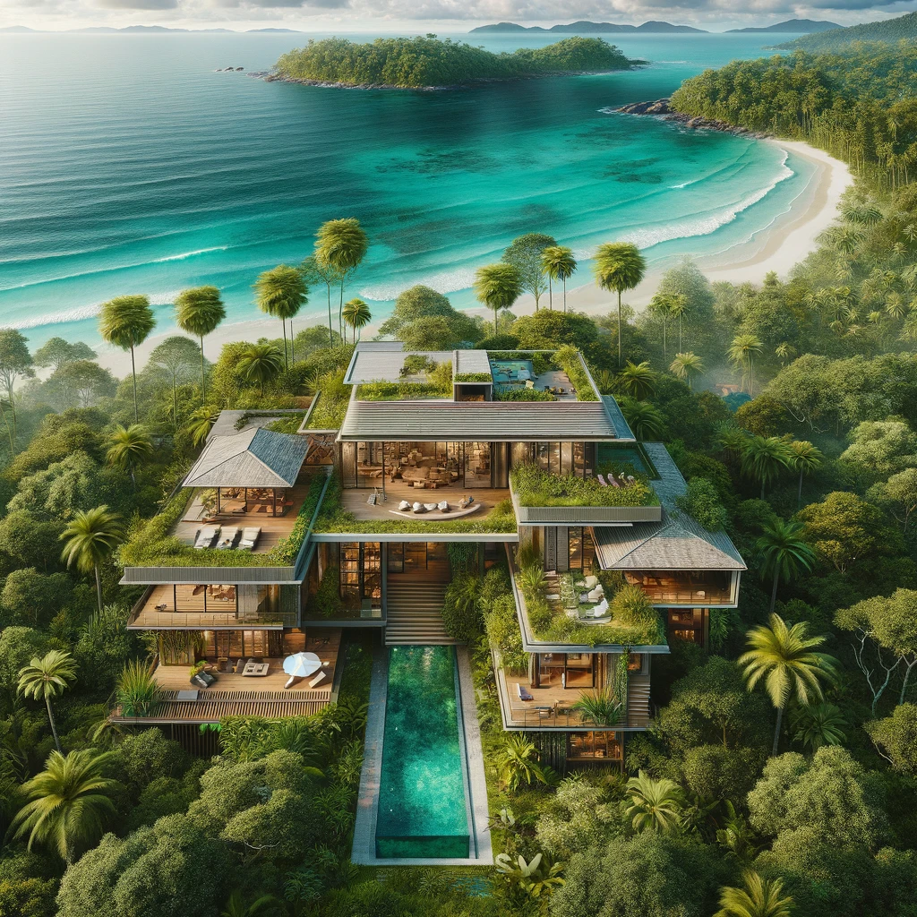 DALL·E 2024-03-25 13.44.44 - Visualize a breathtaking beachfront home nestled on the edge of a lush tropical jungle. The home boasts an open, airy design with floor-to-ceiling win
