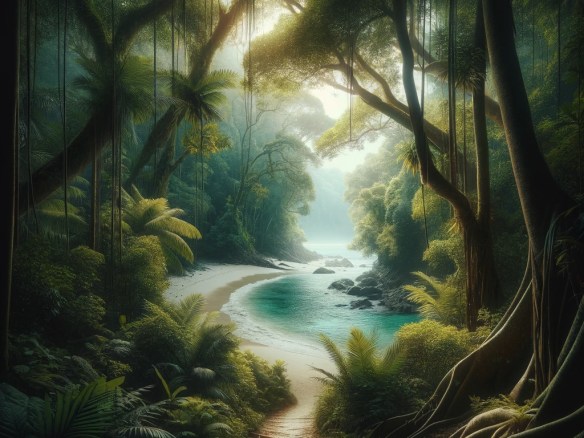 DALL·E 2024-03-25 13.44.48 - Visualize a mysterious jungle path leading to a hidden beach, shrouded by dense foliage and ancient trees. The path is narrow and winding, barely visi
