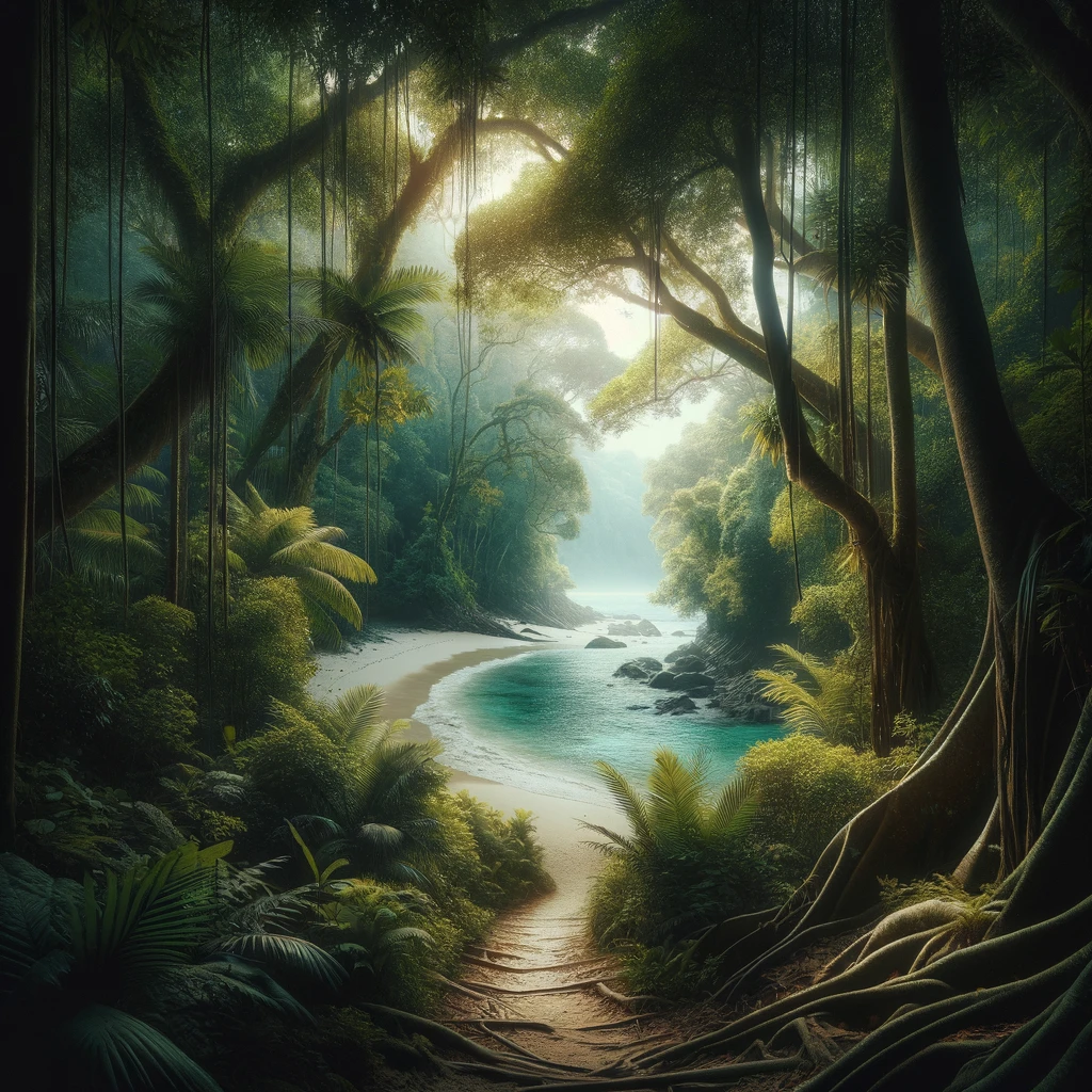 DALL·E 2024-03-25 13.44.48 - Visualize a mysterious jungle path leading to a hidden beach, shrouded by dense foliage and ancient trees. The path is narrow and winding, barely visi