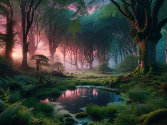 DALL·E 2024-03-25 13.44.49 - Depict a tranquil forest clearing, illuminated by the soft light of dawn. The clearing is surrounded by ancient trees, their branches heavy with moss
