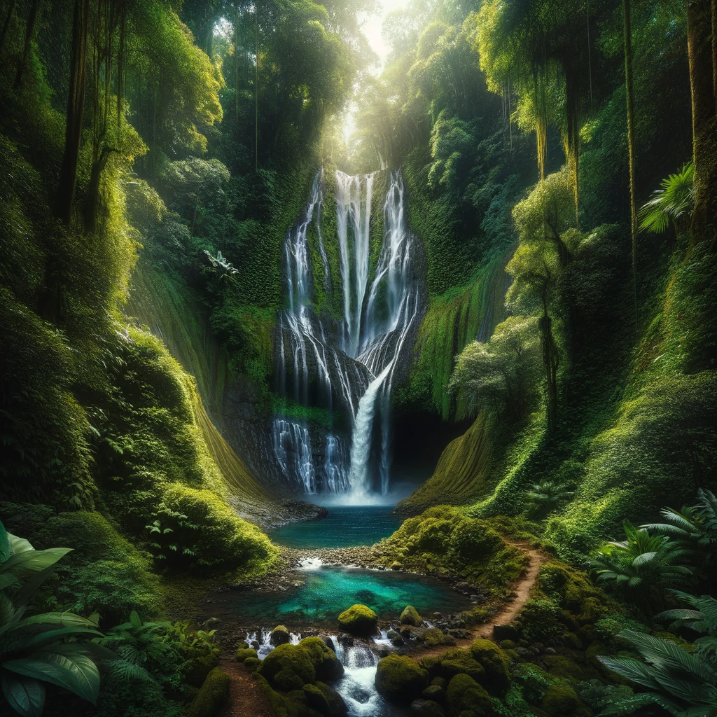 DALL·E 2024-03-25 13.44.51 - Create an image of an awe-inspiring waterfall hidden deep within a tropical rainforest. The waterfall cascades down a series of natural rock formation