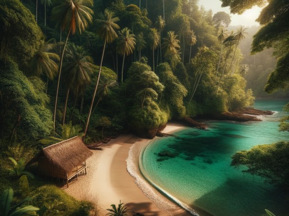 DALL·E 2024-03-25 13.44.53 - Imagine a hidden beach cove in a tropical jungle, where the dense forest opens up to reveal a pristine, sandy beach. The cove is secluded and untouche