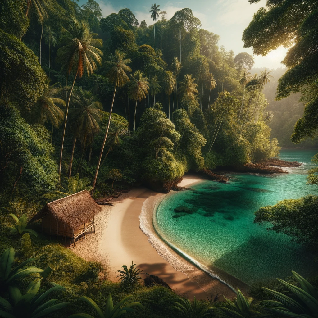 DALL·E 2024-03-25 13.44.53 - Imagine a hidden beach cove in a tropical jungle, where the dense forest opens up to reveal a pristine, sandy beach. The cove is secluded and untouche