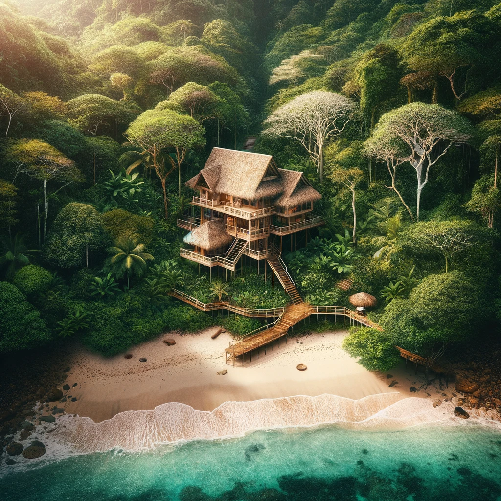 DALL·E 2024-03-25 13.44.57 - Create an image of a secluded jungle beach home, hidden away in a lush tropical forest that meets the pristine sandy shores. The home is built with ec