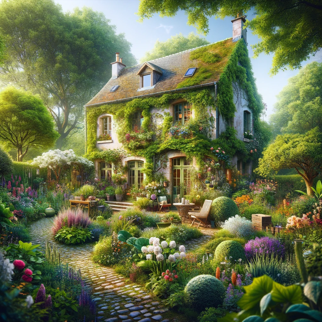 DALL·E 2024-03-25 13.45.00 - Create an image of an idyllic garden home surrounded by a vibrant and lush garden, full of blooming flowers, verdant plants, and mature trees. The hou