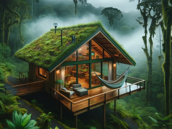 DALL·E 2024-03-25 14.06.20 - Imagine a cozy cabin nestled in the heart of Costa Rica's cloud forest. The cabin is made of sustainable wood, with a green living roof covered in loc