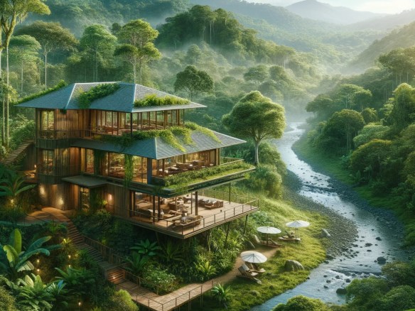 DALL·E 2024-03-25 14.06.25 - Imagine a picturesque eco-lodge nestled in the lush rainforest of Costa Rica. The lodge is designed with sustainability in mind, using local materials