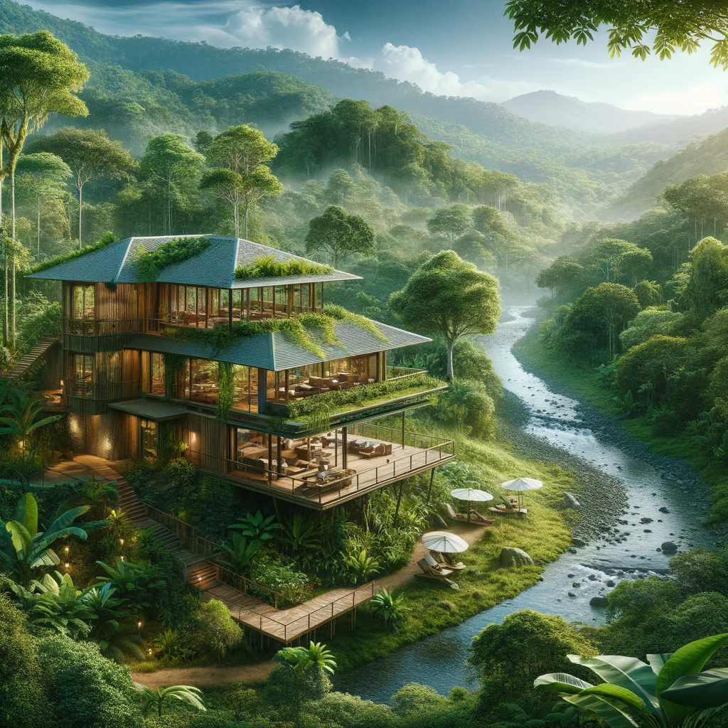 DALL·E 2024-03-25 14.06.25 - Imagine a picturesque eco-lodge nestled in the lush rainforest of Costa Rica. The lodge is designed with sustainability in mind, using local materials