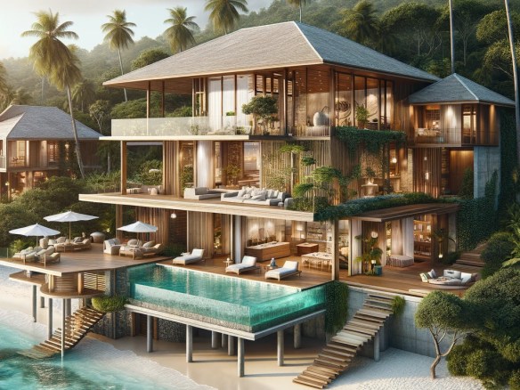 DALL·E 2024-03-25 14.06.30 - Imagine a luxurious beach villa situated on a secluded stretch of white sandy beach, surrounded by tropical jungle. The villa features an open-concept