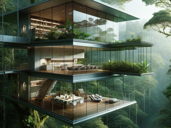 DALL·E 2024-03-26 15.28.25 - Design an image of an elevated glass house nestled in the canopy of a Costa Rican rainforest. The house is a marvel of modern architecture, featuring