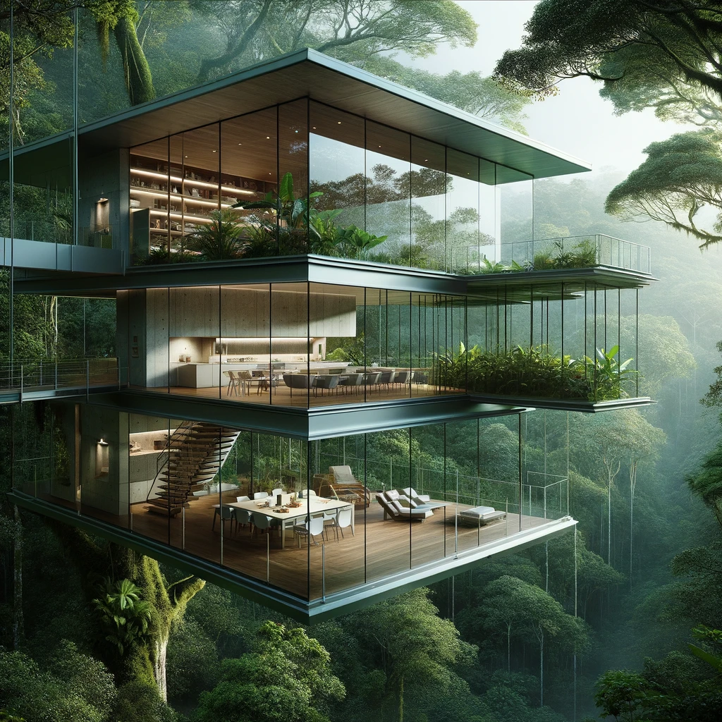 DALL·E 2024-03-26 15.28.25 - Design an image of an elevated glass house nestled in the canopy of a Costa Rican rainforest. The house is a marvel of modern architecture, featuring