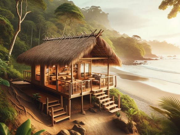 DALL·E 2024-03-26 15.28.26 - Create an image of a small, charming cabin located in a secluded part of a Costa Rican beach, where the jungle meets the ocean. The cabin is rustic ye
