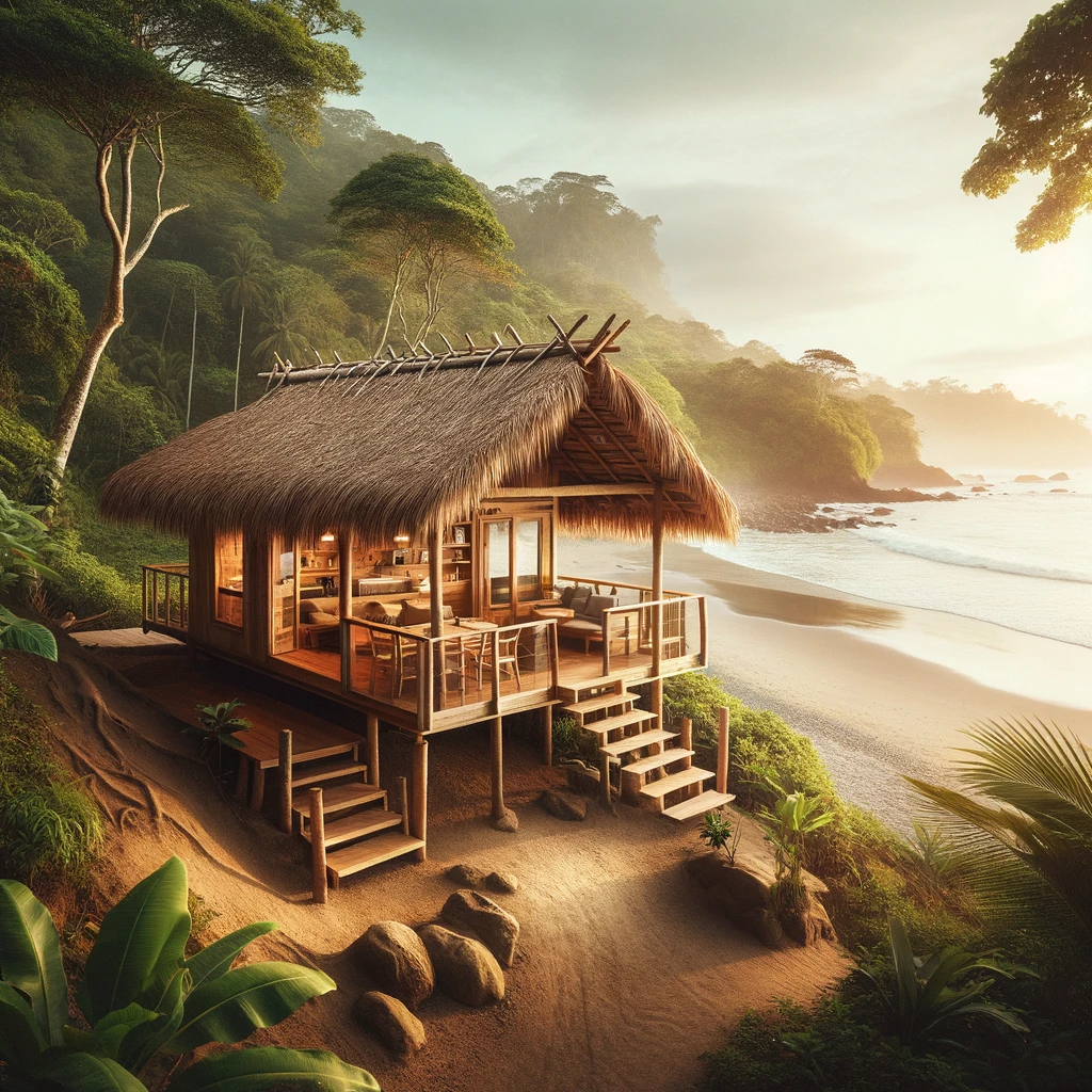 DALL·E 2024-03-26 15.28.26 - Create an image of a small, charming cabin located in a secluded part of a Costa Rican beach, where the jungle meets the ocean. The cabin is rustic ye