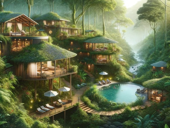 DALL·E 2024-03-26 15.28.29 - Illustrate a serene and secluded eco-lodge nestled deep within the heart of a Costa Rican rainforest. The lodge is built with sustainable, natural mat