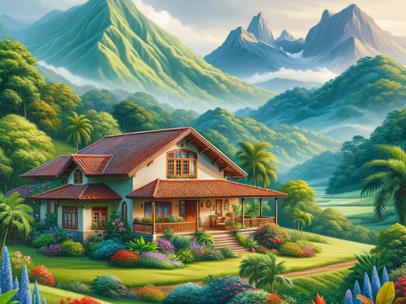 DALL·E 2024-03-26 15.28.35 - Create an image of a traditional Costa Rican house nestled in a lush, green valley, surrounded by towering mountains. The house is built in the classi