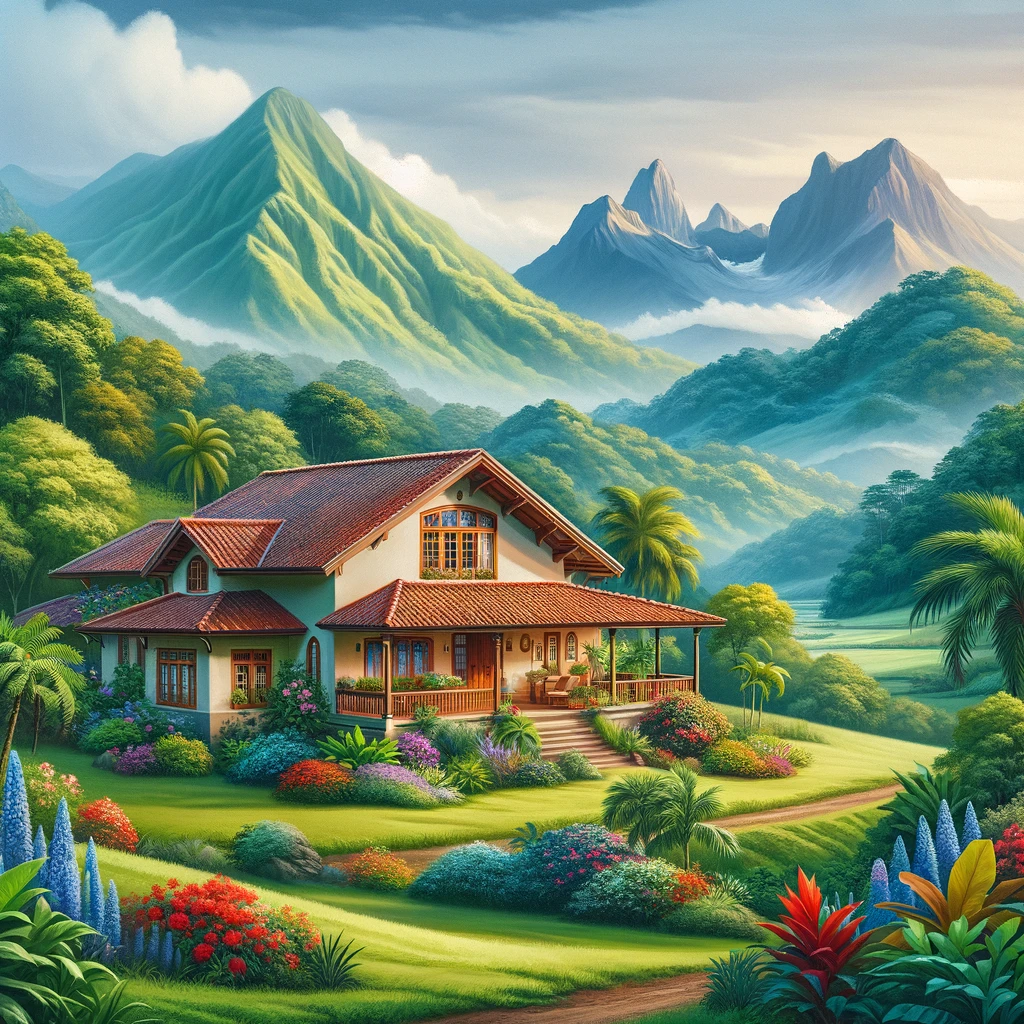 DALL·E 2024-03-26 15.28.35 - Create an image of a traditional Costa Rican house nestled in a lush, green valley, surrounded by towering mountains. The house is built in the classi
