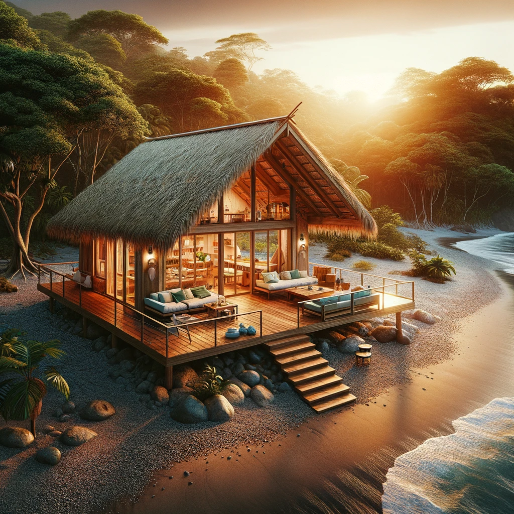 DALL·E 2024-03-26 15.28.36 - Imagine a cozy beach cottage on a remote part of Costa Rica's coast, where the jungle meets the sea. The cottage is built with sustainable materials,
