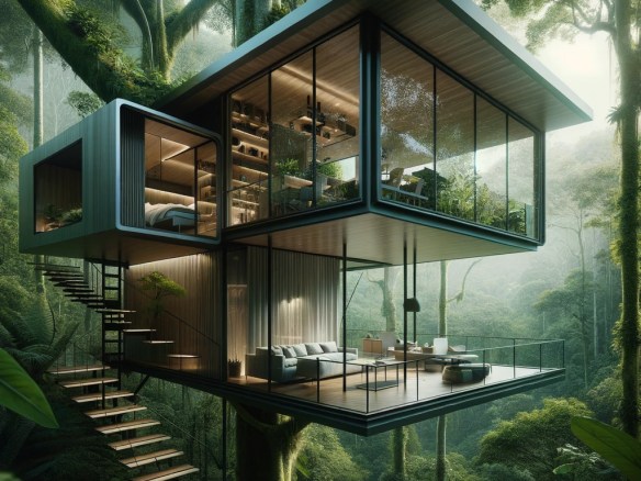 DALL·E 2024-03-26 15.28.38 - Create an image of a contemporary treehouse hidden within the dense canopy of a Costa Rican rainforest. The treehouse is an architectural marvel, feat