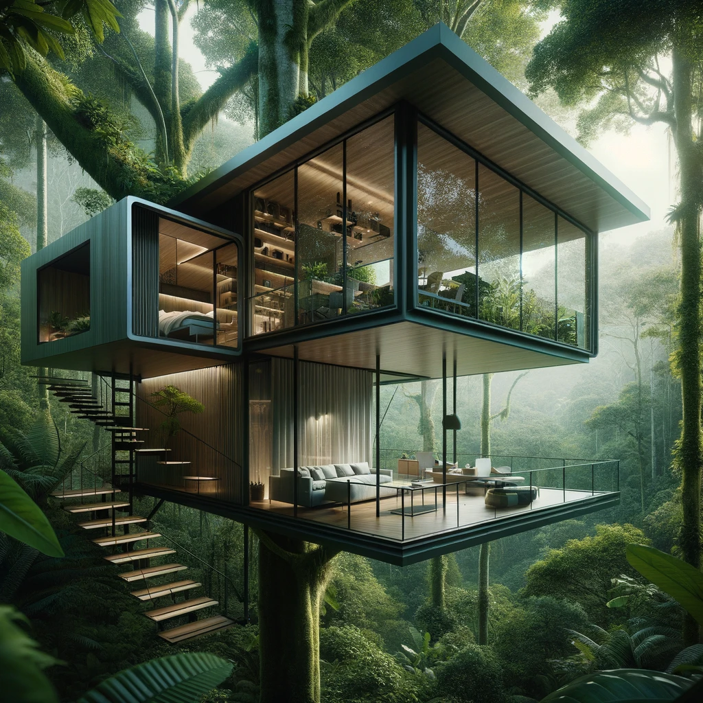 DALL·E 2024-03-26 15.28.38 - Create an image of a contemporary treehouse hidden within the dense canopy of a Costa Rican rainforest. The treehouse is an architectural marvel, feat