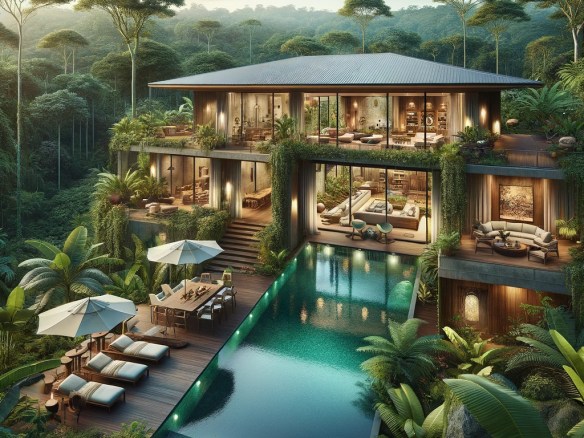 DALL·E 2024-03-26 15.28.39 - Visualize a luxurious jungle retreat nestled in the heart of a Costa Rican jungle, offering an unparalleled blend of comfort and immersion in nature.