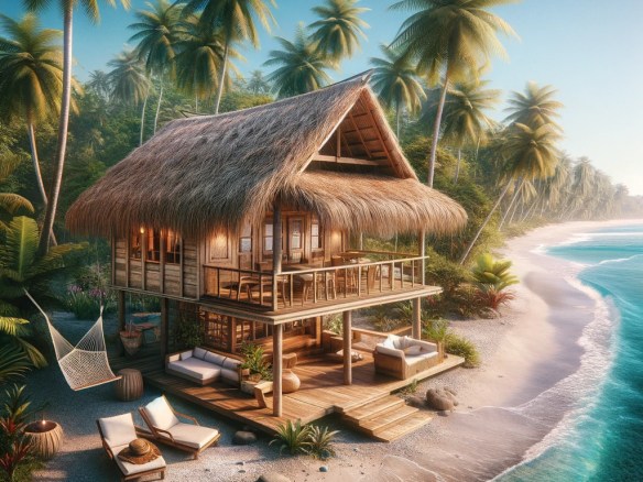 DALL·E 2024-03-26 15.28.42 - Imagine a charming beach bungalow located on a secluded stretch of beach in Costa Rica. The bungalow is built in a traditional style with eco-friendly