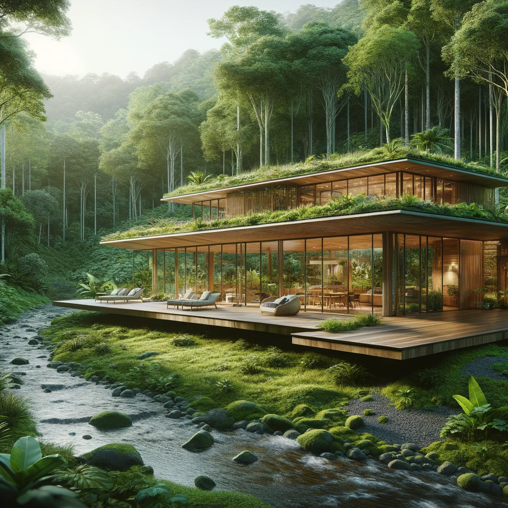 DALL·E 2024-03-26 15.28.44 - Depict a tranquil forest home hidden away in the lush greenery of a Costa Rican rainforest. The home is constructed with natural materials that blend