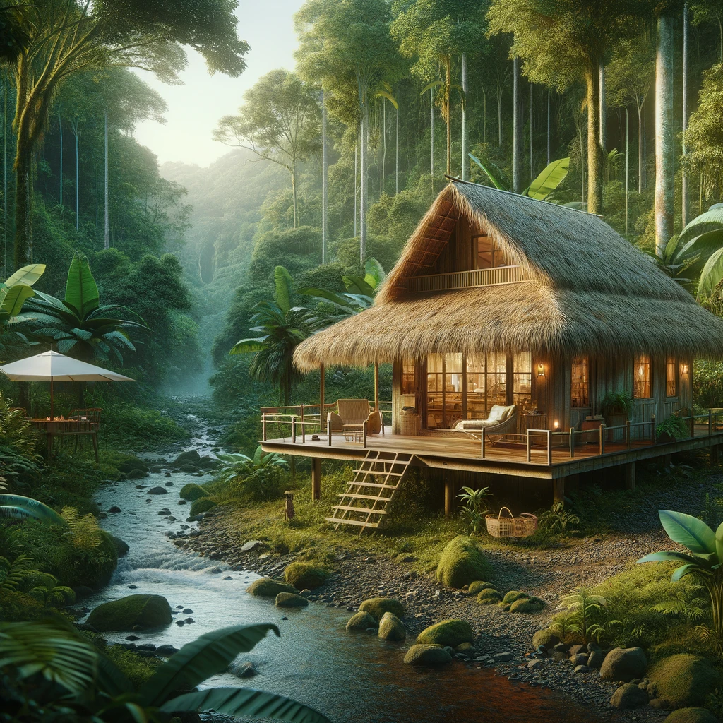 DALL·E 2024-03-26 15.28.52 - Visualize a quaint cabin nestled within a lush, vibrant rainforest in Costa Rica. The cabin is constructed from natural, locally-sourced materials and
