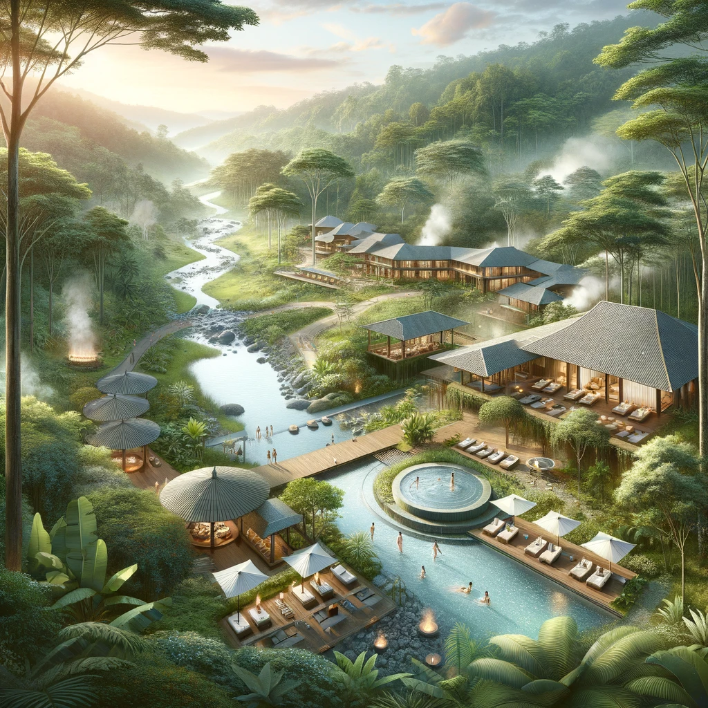 DALL·E 2024-03-26 15.33.26 - Illustrate a tranquil scene of a luxury spa resort nestled in a secluded valley in Costa Rica, surrounded by lush rainforest and natural hot springs.