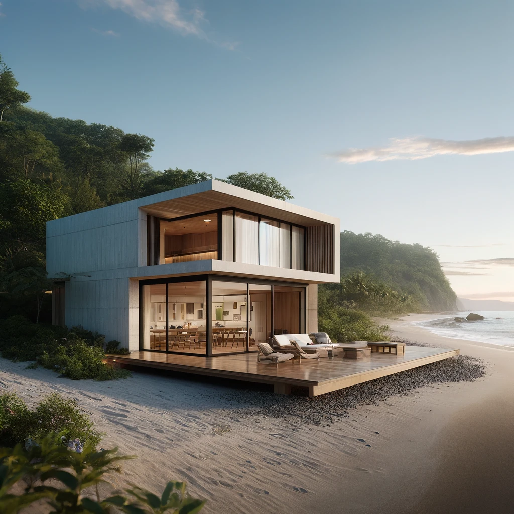 DALL·E 2024-03-28 07.51.47 - Design an image of a minimalist beach house on a secluded stretch of Costa Rica's coastline, embodying the essence of modern simplicity and tranquilit