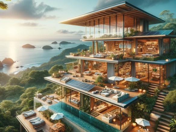 DALL·E 2024-03-28 07.51.49 - Visualize a luxurious eco-villa located on a hilltop overlooking a breathtaking view of the Pacific Ocean in Costa Rica. The villa is designed with su