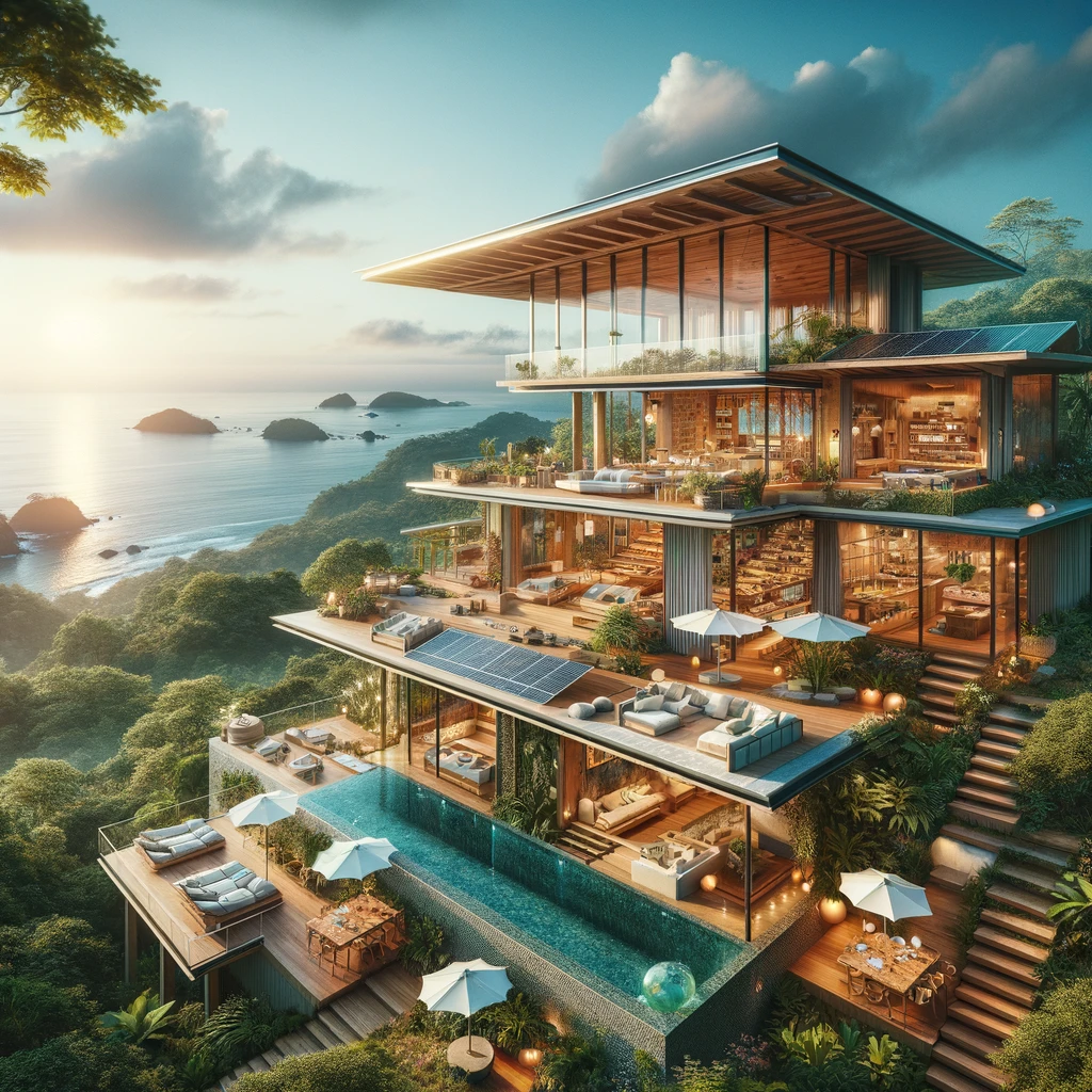 DALL·E 2024-03-28 07.51.49 - Visualize a luxurious eco-villa located on a hilltop overlooking a breathtaking view of the Pacific Ocean in Costa Rica. The villa is designed with su