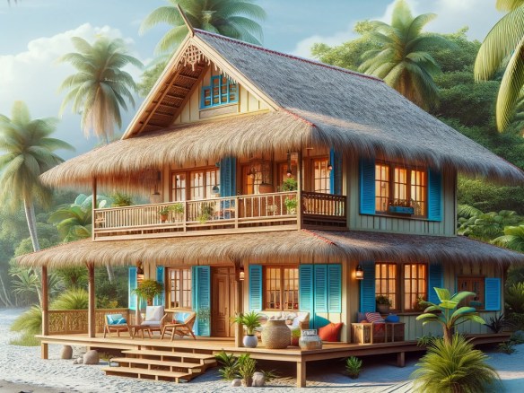 DALL·E 2024-03-28 07.51.50 - Create an image of a charming, traditional Costa Rican beach house, situated on a secluded stretch of white sandy beach. The house features a vibrant,