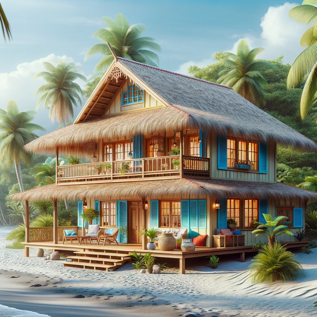 DALL·E 2024-03-28 07.51.50 - Create an image of a charming, traditional Costa Rican beach house, situated on a secluded stretch of white sandy beach. The house features a vibrant,