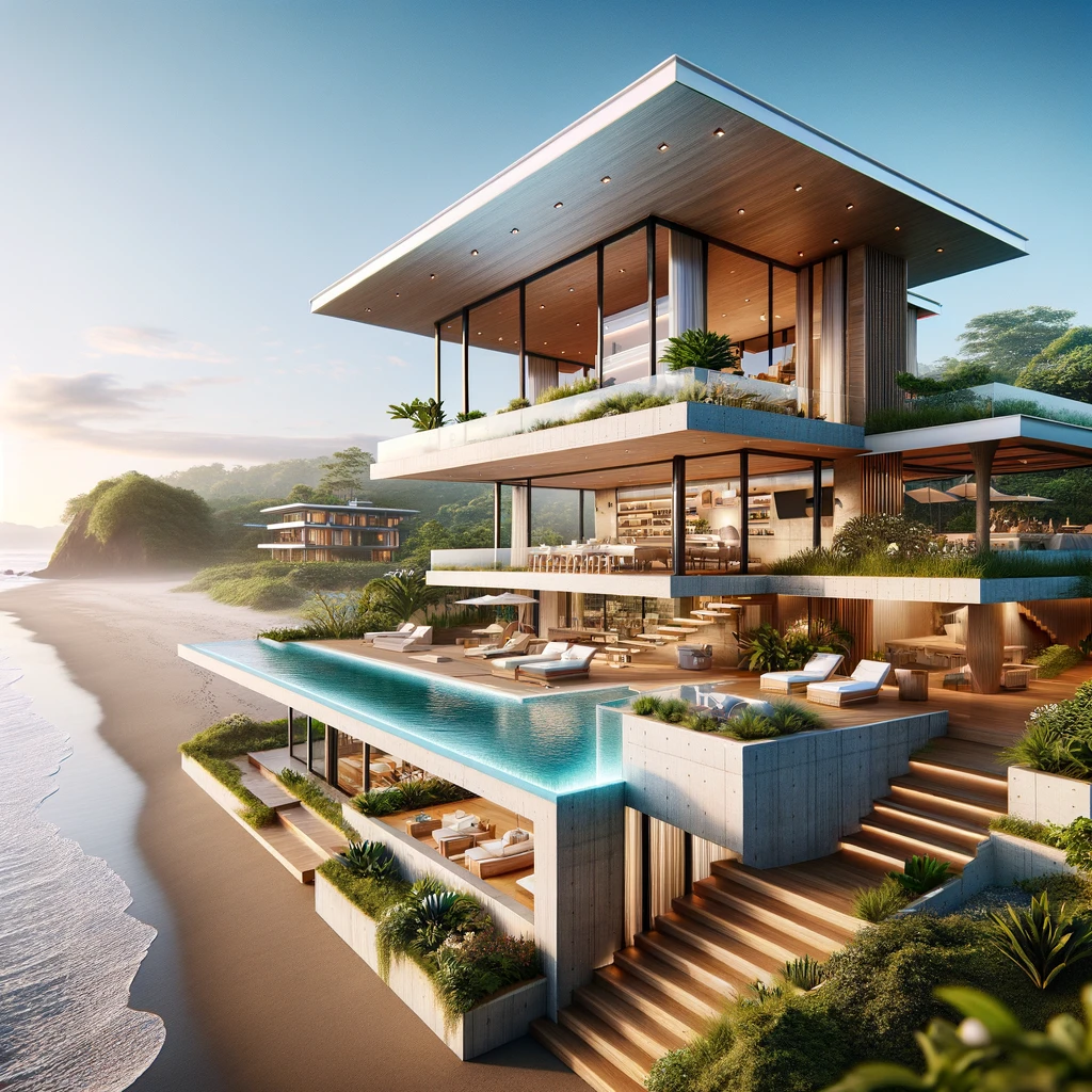 DALL·E 2024-03-28 07.51.53 - Design an image of a stunning beachfront property in Costa Rica, showcasing modern architecture with an emphasis on open spaces and natural light. The