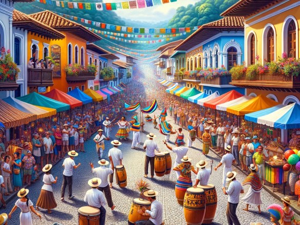 DALL·E 2024-03-28 08.44.46 - Produce an image showcasing a lively street festival in a Costa Rican village, filled with color and culture. The scene is vibrant with locals and tou