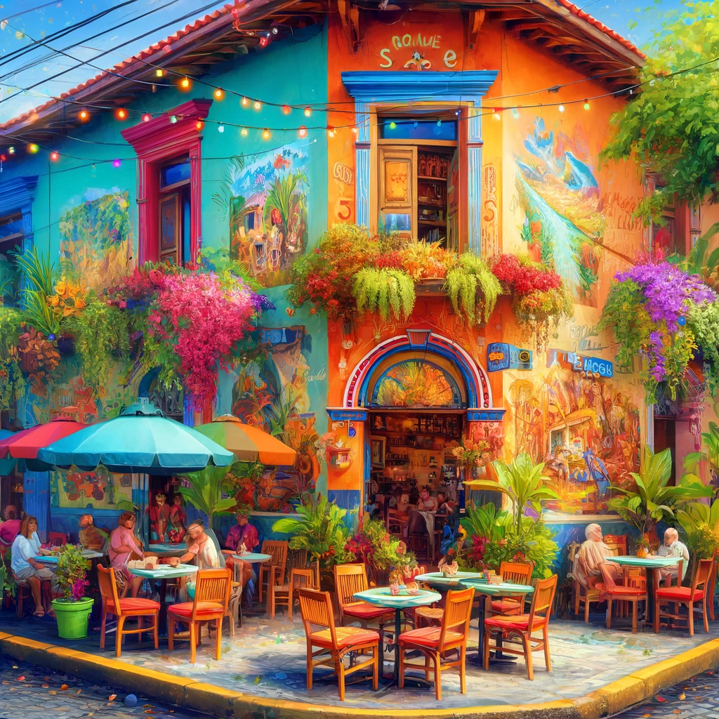 DALL·E 2024-03-28 08.44.48 - Create a vibrant, colorful image of a small, eclectic café located in the heart of a bustling Costa Rican town. The café is painted in bright, cheerfu