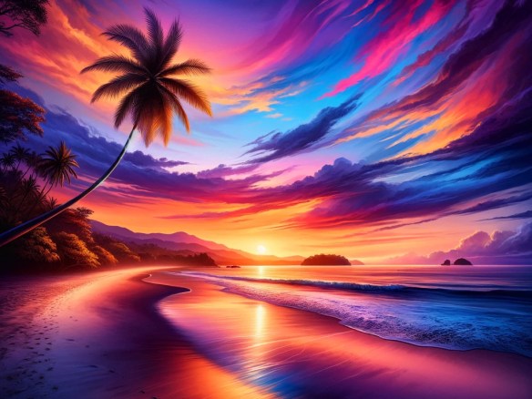 DALL·E 2024-03-29 07.54.59 - Illustrate a breathtaking view of a Costa Rican beach at sunset, where the sky is painted with a palette of vibrant colors ranging from deep purples a