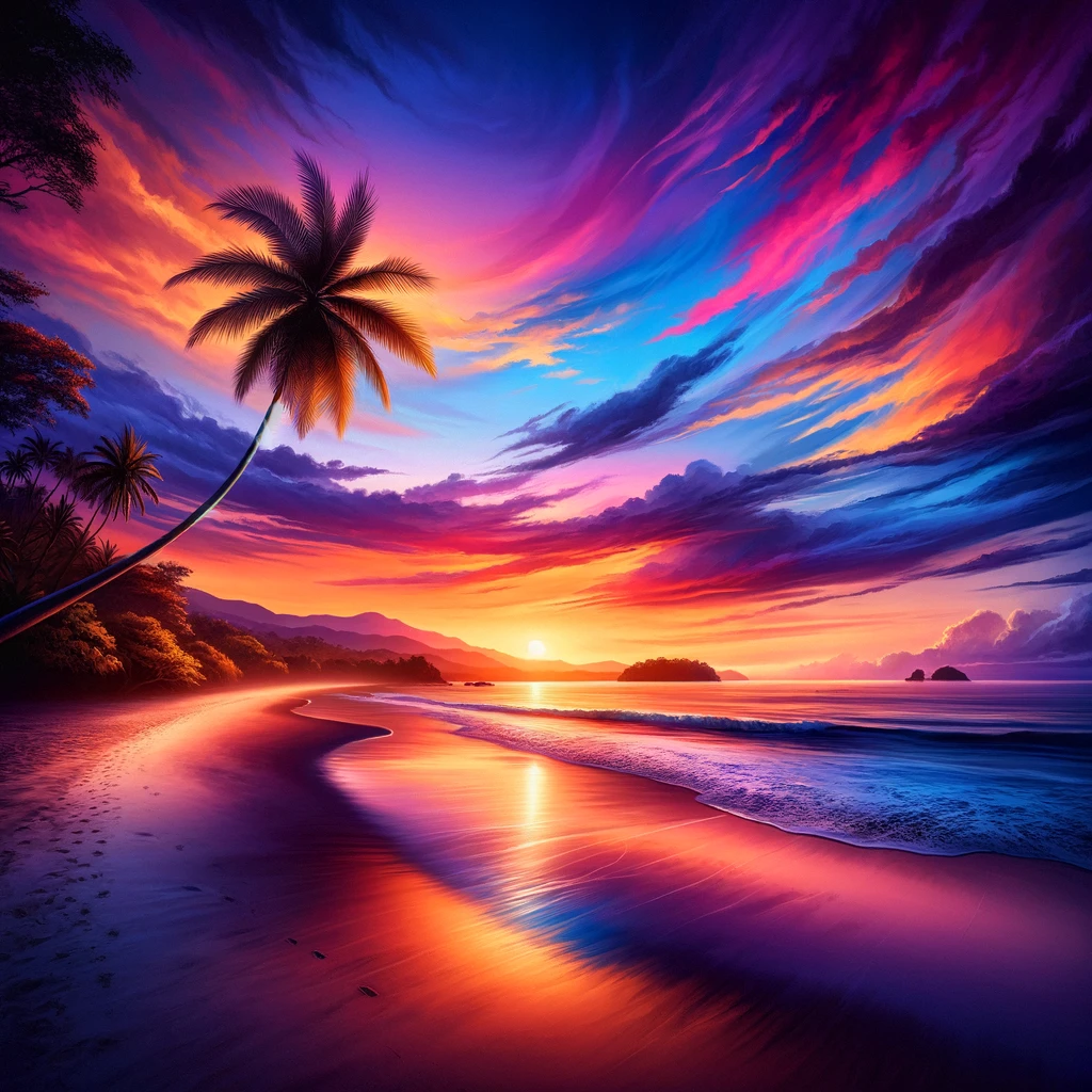 DALL·E 2024-03-29 07.54.59 - Illustrate a breathtaking view of a Costa Rican beach at sunset, where the sky is painted with a palette of vibrant colors ranging from deep purples a