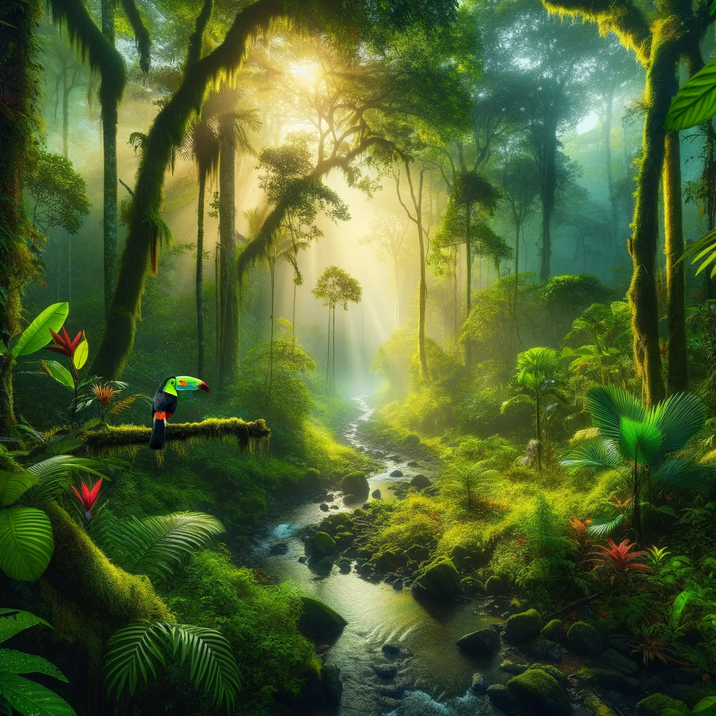 DALL·E 2024-03-29 07.55.01 - Create an image depicting an early morning in a Costa Rican rainforest, where the first rays of sunlight filter through the dense canopy, illuminating