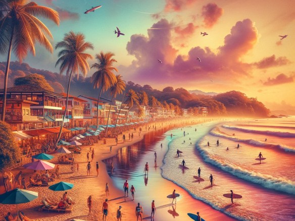 DALL·E 2024-03-29 07.55.11 - Create an image of the vibrant and lively beach scene in Tamarindo, Costa Rica. The beach is famous for its golden sands, crystal-clear waters, and th