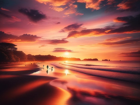 DALL·E 2024-03-29 07.55.17 - Depict a serene sunset at Playa Langosta, just south of Tamarindo, Costa Rica, where the sky transitions through a spectrum of colors from soft pink t